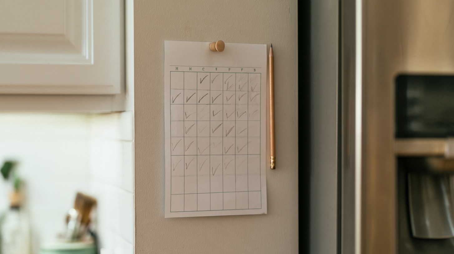 Selbstgezeichneter Gewohnheitskalender mit Häkchen und einzelnen leeren Tagen an der Küchenwand