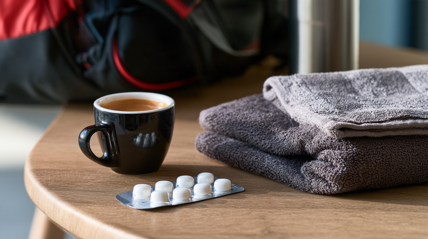 Espresso und Koffeinkapseln neben einer Sporttasche vor dem Training