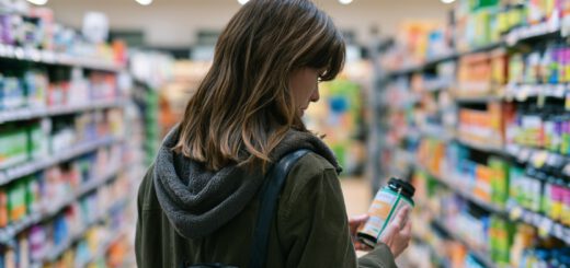 L-Carnitin-Dose und ein Stück rohes Rindfleisch nebeneinander auf einer Arbeitsplatte