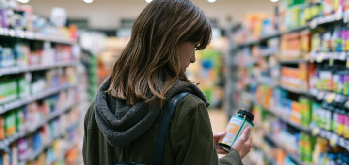 L-Carnitin-Dose und ein Stück rohes Rindfleisch nebeneinander auf einer Arbeitsplatte