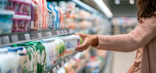 Hand greift im Kühlregal des Supermarkts nach einem Becher Magerquark