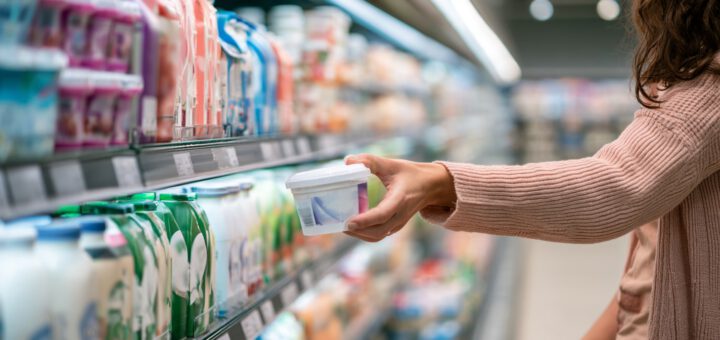 Hand greift im Kühlregal des Supermarkts nach einem Becher Magerquark