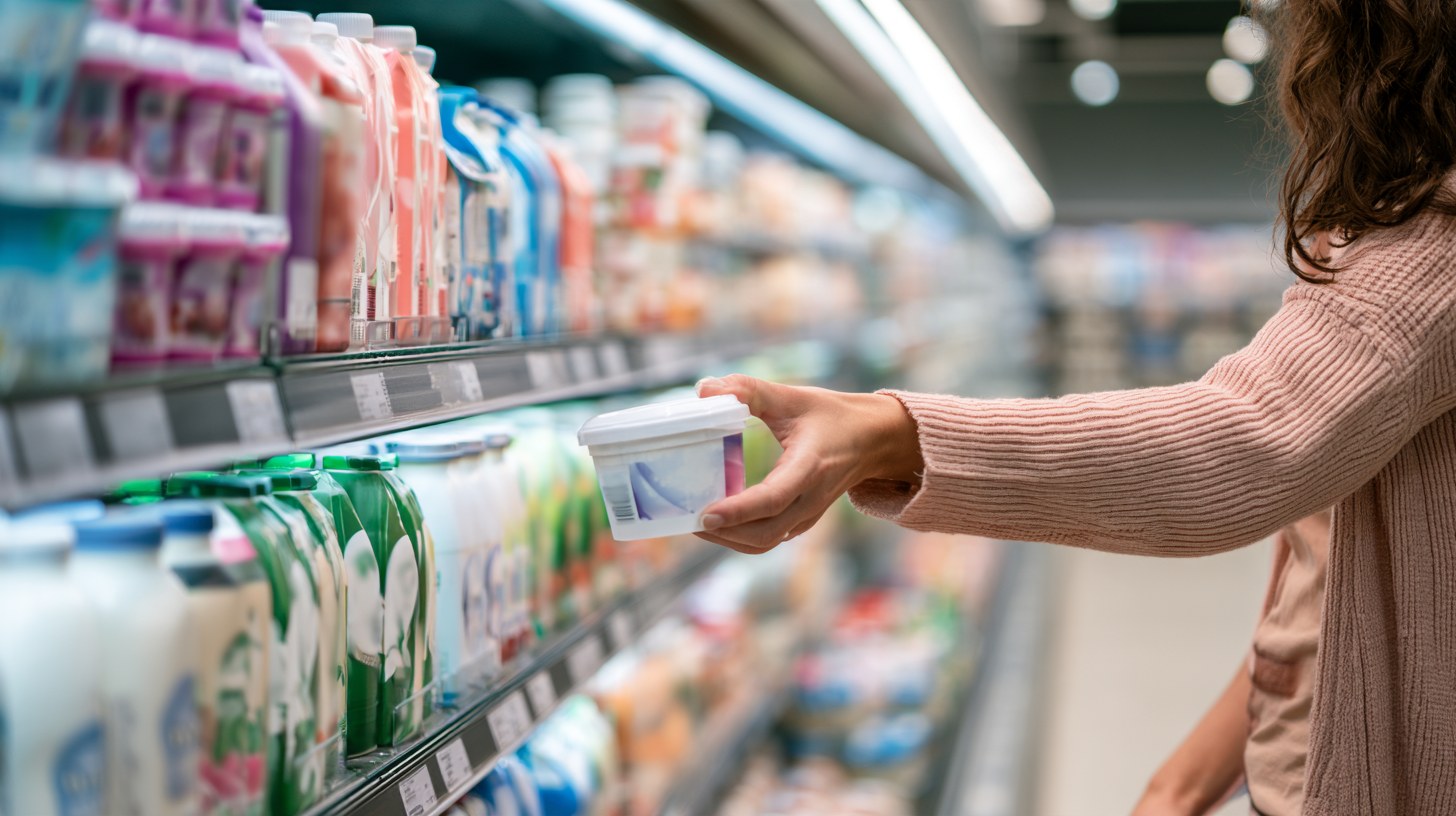 Hand greift im Kühlregal des Supermarkts nach einem Becher Magerquark