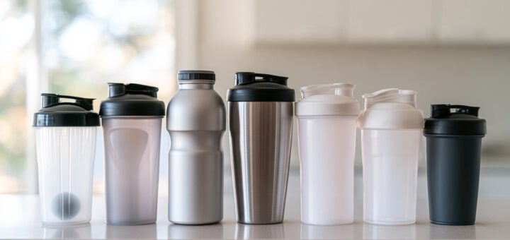 Mehrere Protein-Shaker nebeneinander auf einer hellen Arbeitsfläche