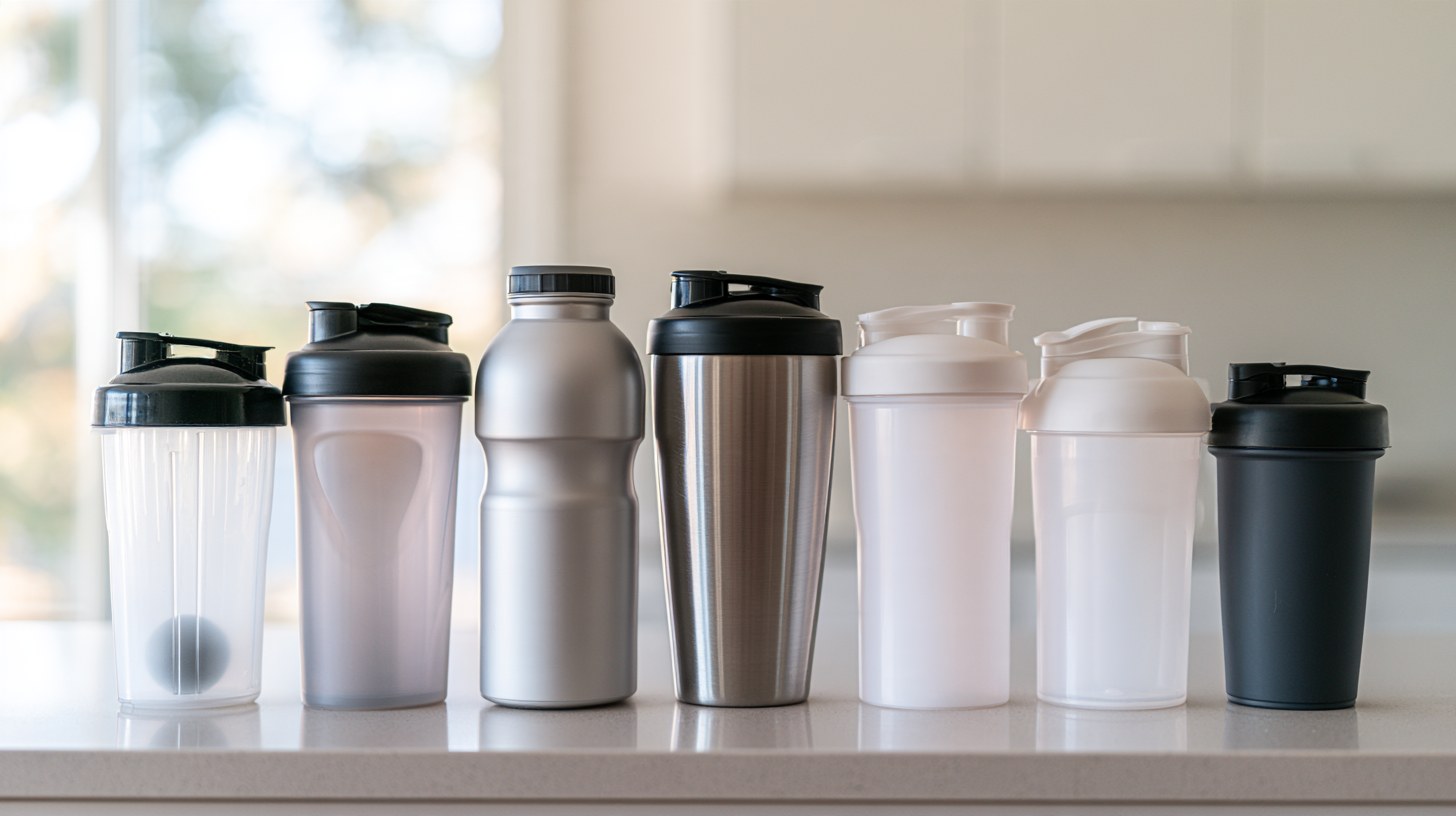 Mehrere Protein-Shaker nebeneinander auf einer hellen Arbeitsfläche