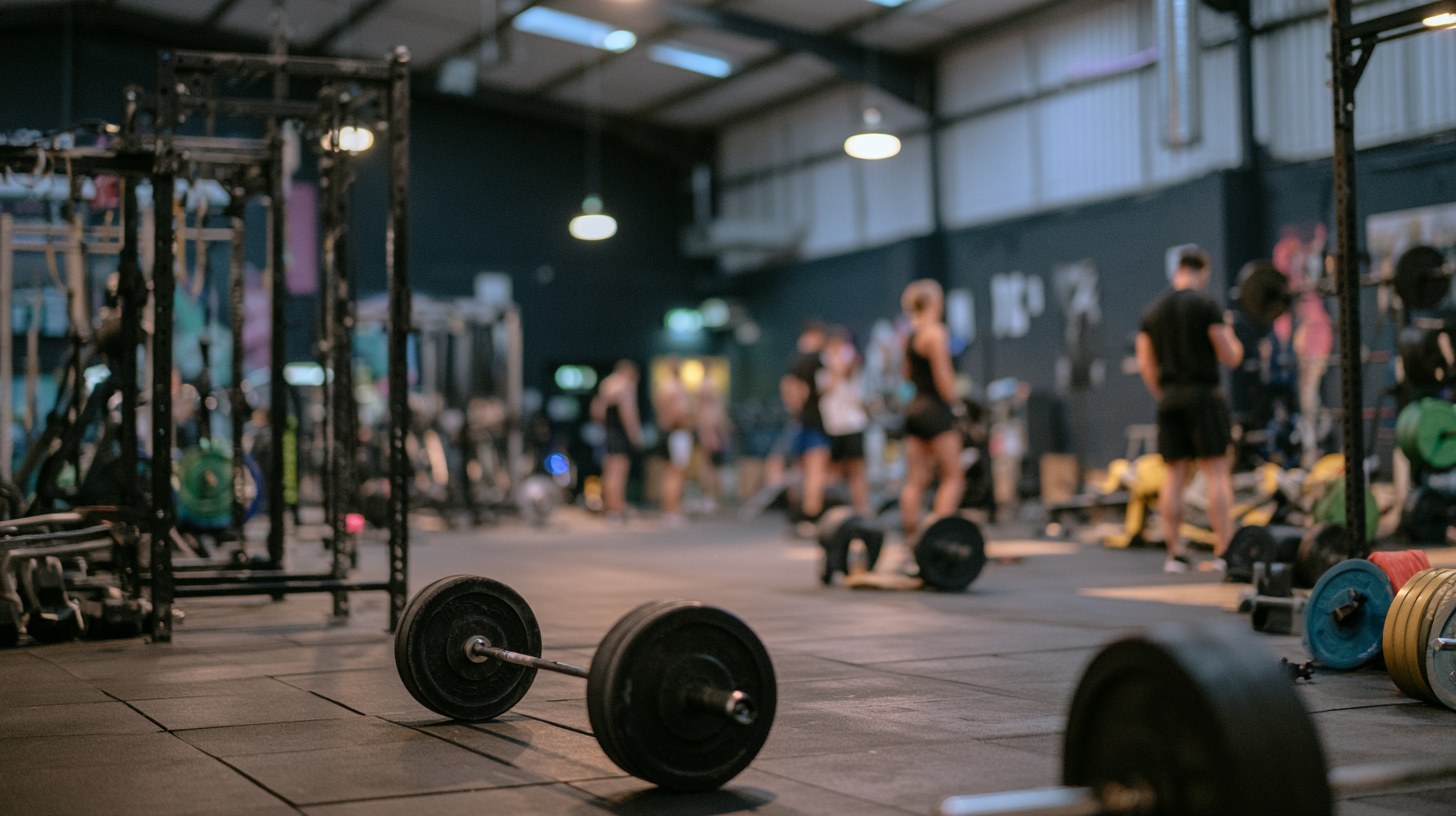 Blick über eine belegte Trainingsfläche mit Langhanteln im Vordergrund und Racks im Hintergrund