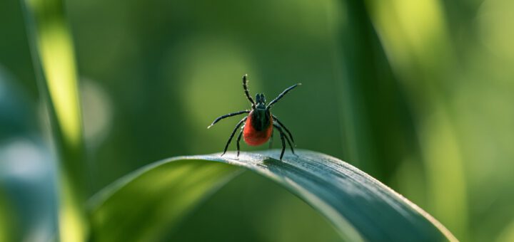 Zecke auf einem Grashalm, Makroaufnahme vor grünem Hintergrund