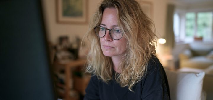 Frau am Schreibtisch mit nach vorn geschobener Kopfposition