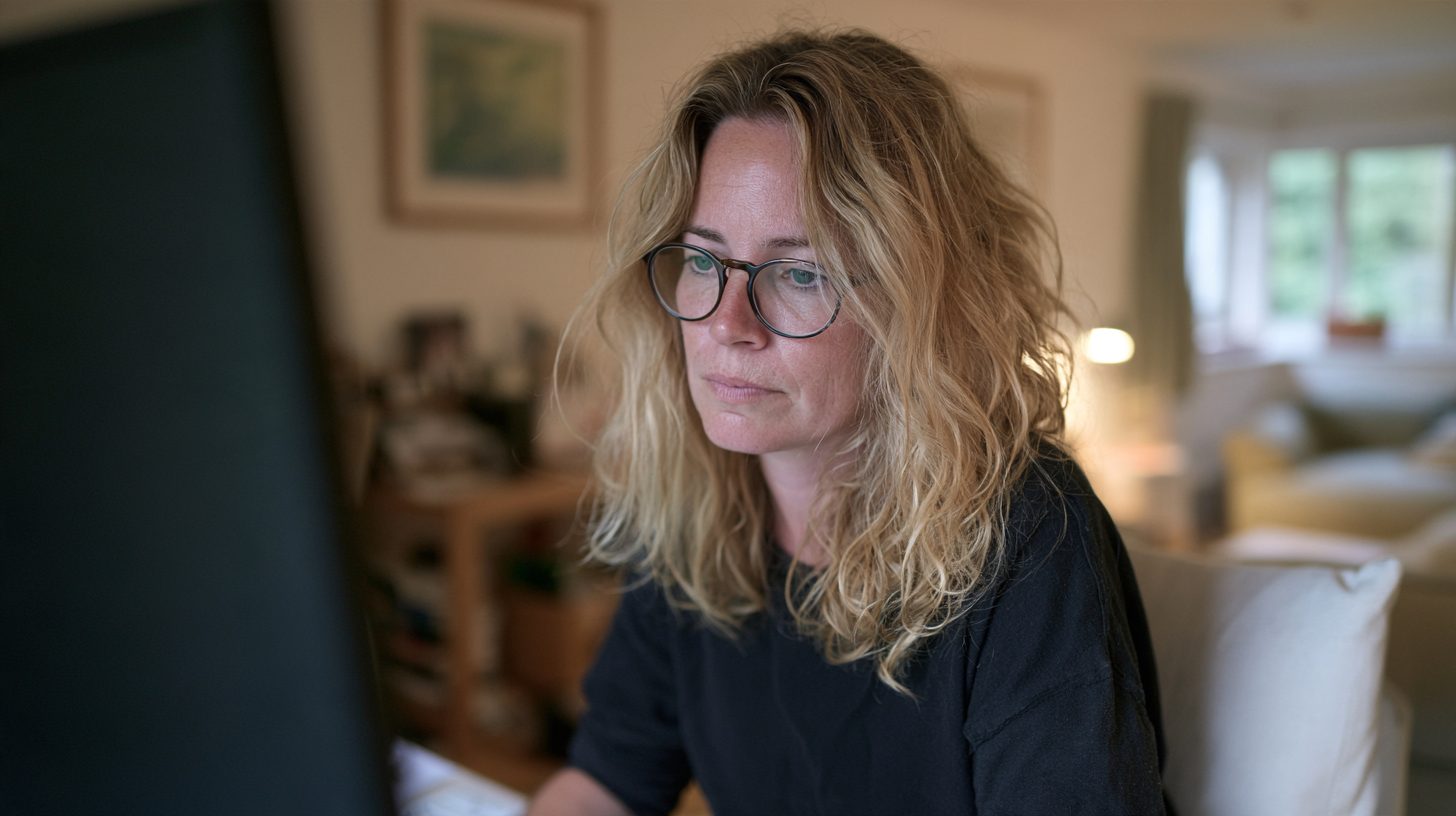 Frau am Schreibtisch mit nach vorn geschobener Kopfposition