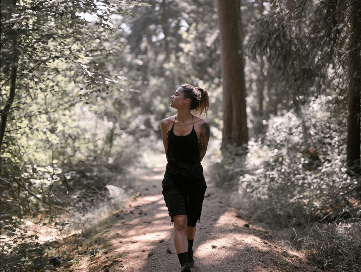 Frau geht auf einem sonnenbeschienenen Waldweg und atmet durch