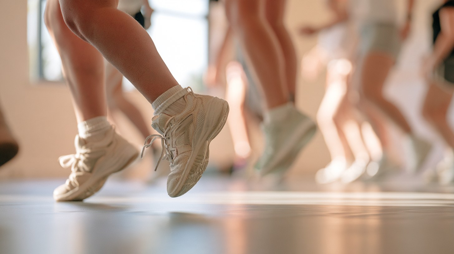 Füße in hellen Hallenschuhen auf dem Ballen, Tanzkurs auf glattem Studioboden