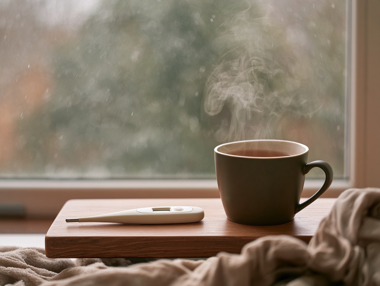 Digitales Fieberthermometer und eine Tasse Tee auf einem Nachttisch am Fenster