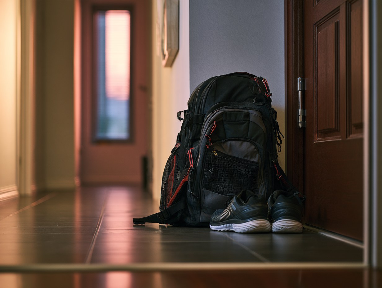 Gepackter Rucksack und Laufschuhe stehen abholbereit an der Wohnungstür