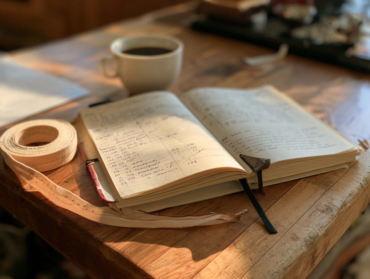 Aufgeschlagenes Notizbuch mit handschriftlichen Einträgen neben Maßband und Kaffeetasse