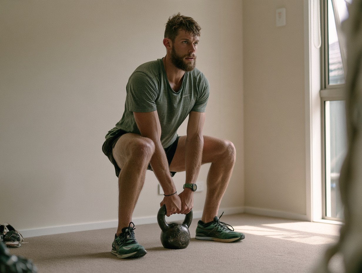 Läufer in Laufschuhen greift in einem schlichten Zimmer eine Kettlebell vom Boden