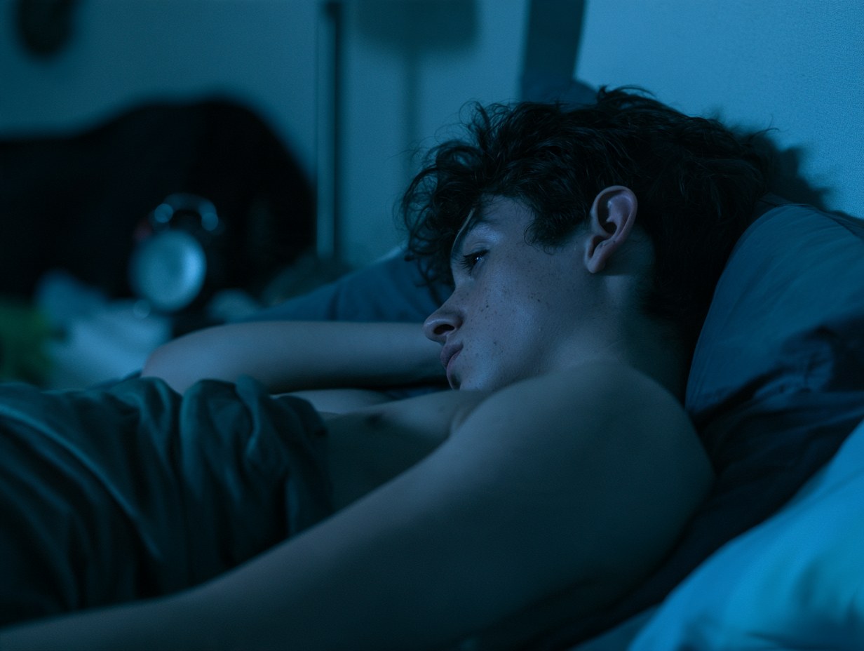 Person liegt nachts wach im Bett und blickt auf die Uhr auf dem Nachttisch