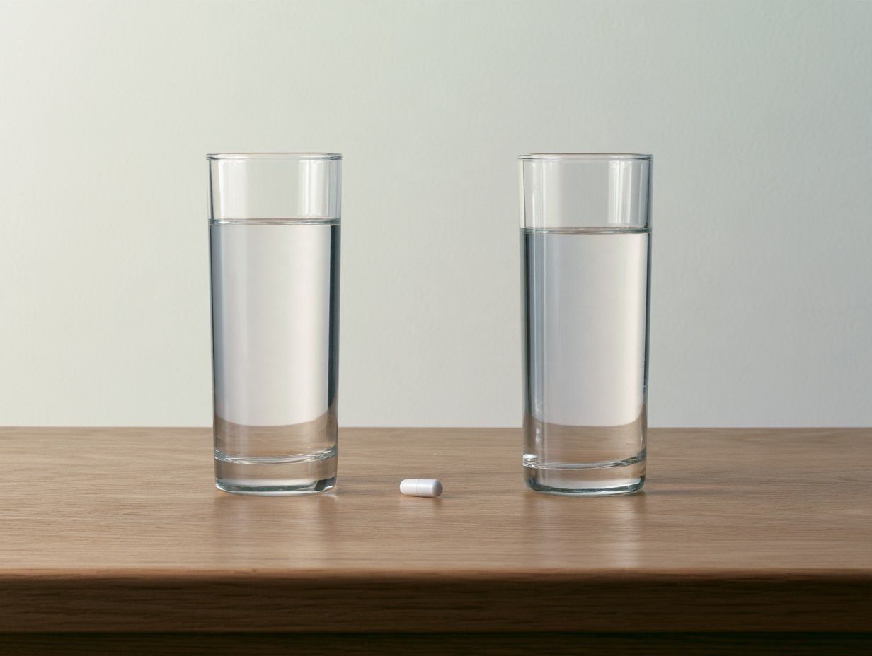Zwei große Gläser Zuckerlösung neben einer kleinen Kapsel auf einem Tisch