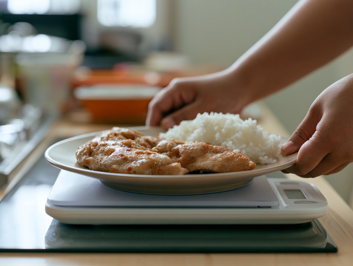 Portion Hähnchen und Reis wird auf einer digitalen Küchenwaage abgewogen