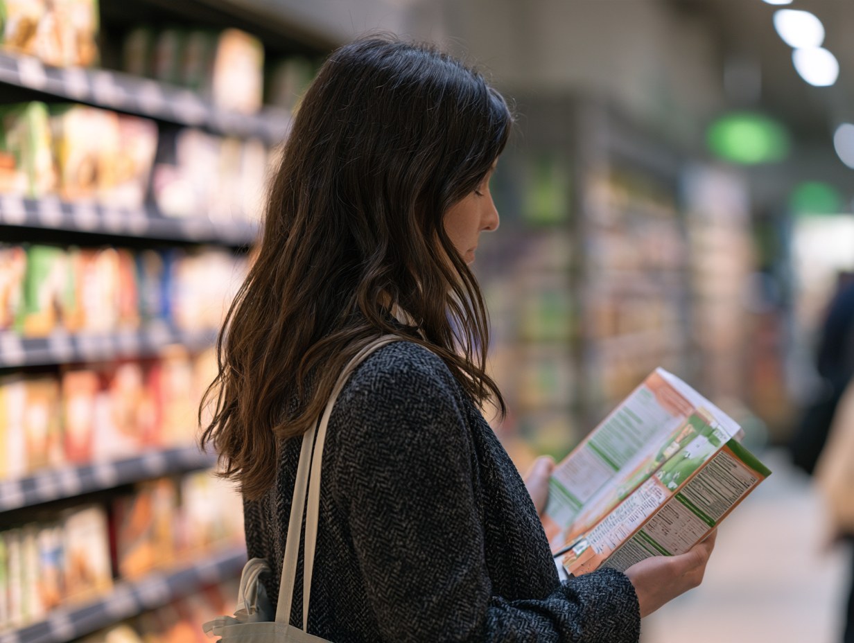 Person dreht im Supermarkt eine Packung um und liest die Nährwerttabelle