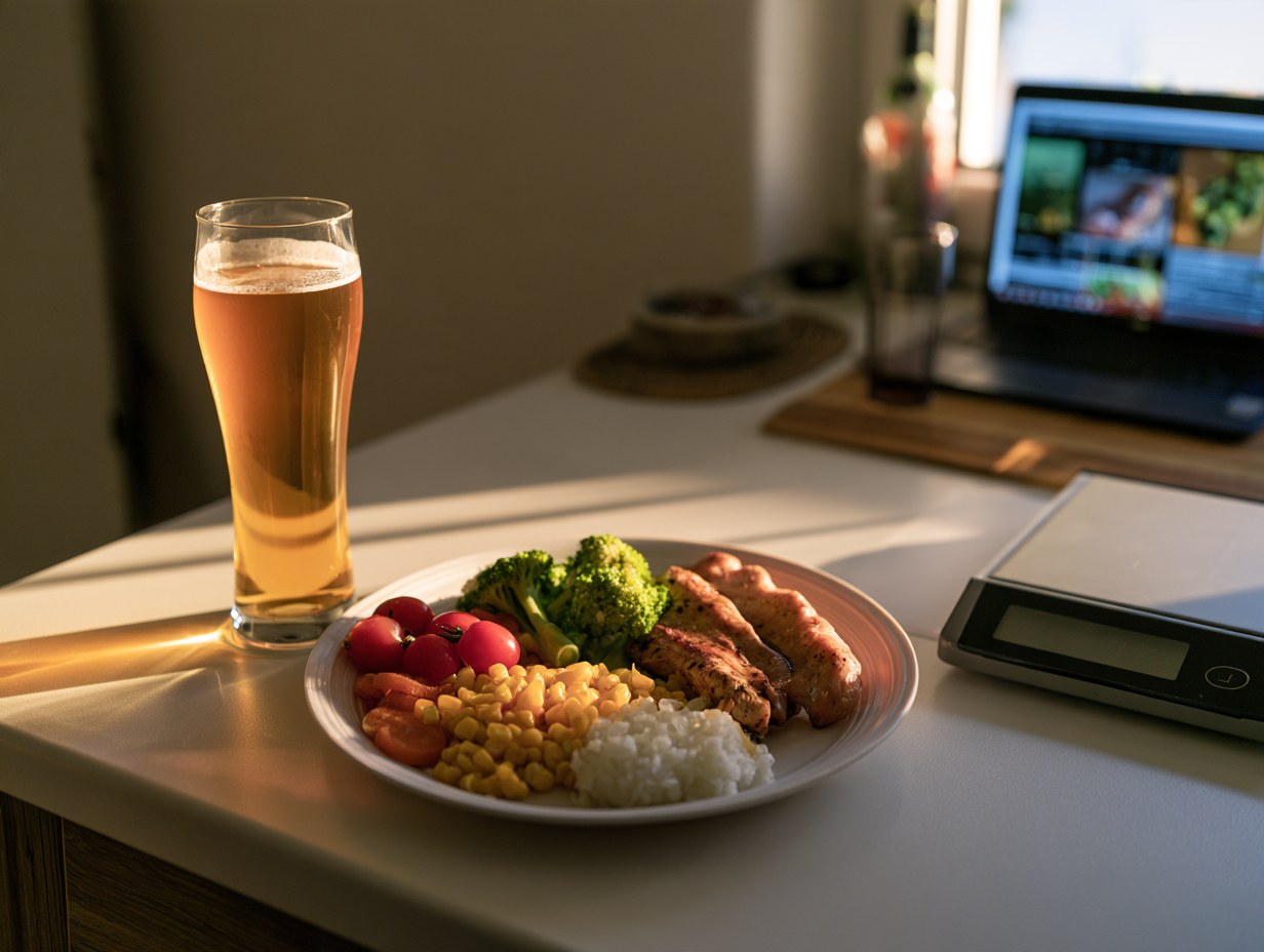Glas Bier neben einem Teller mit abgewogenem Essen auf demselben Tisch