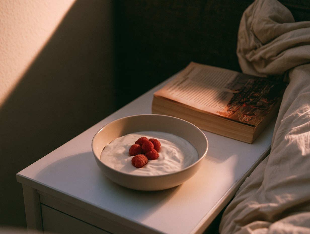 Schüssel Quark mit Beeren auf einem Nachttisch bei Abendlicht