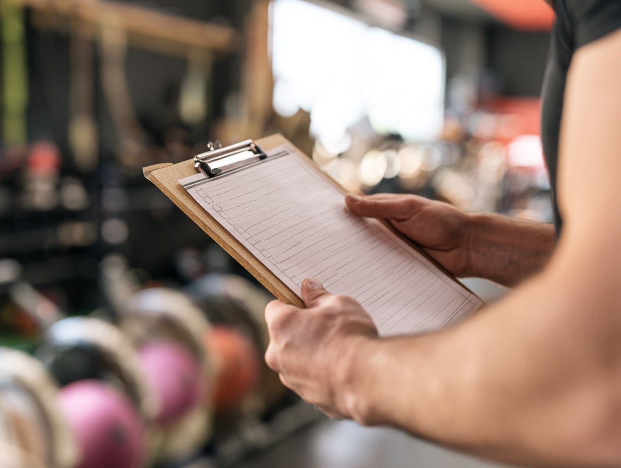 Hände halten ein Klemmbrett mit einer Checkliste vor einer Trainingsfläche