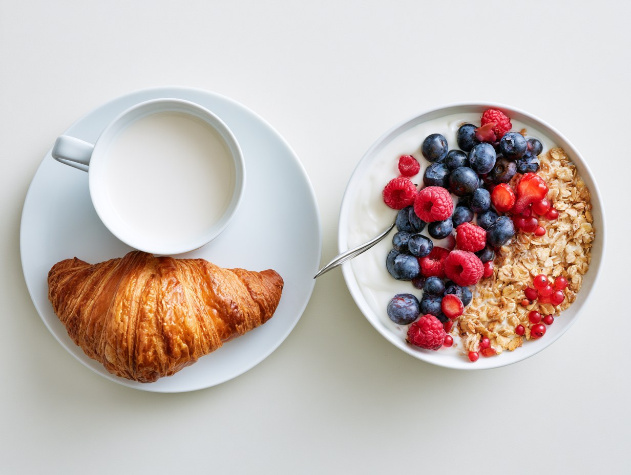 Zwei Frühstücke nebeneinander von oben: Croissant mit Milchkaffee und Quark mit Beeren und Haferflocken