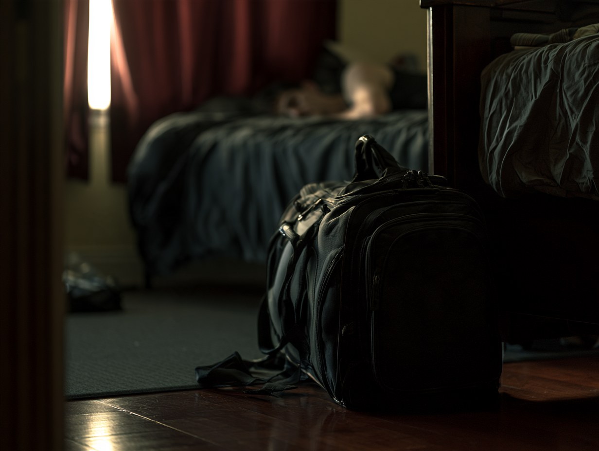Sporttasche steht neben dem Bett, Person schläft im abgedunkelten Zimmer