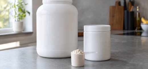 Proteinpulver-Test: große und kleine Proteindose nebeneinander, davor ein gefüllter Messlöffel auf der Küchenarbeitsplatte