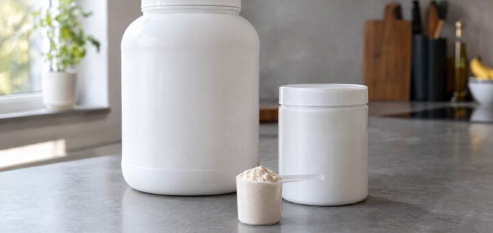 Proteinpulver-Test: große und kleine Proteindose nebeneinander, davor ein gefüllter Messlöffel auf der Küchenarbeitsplatte