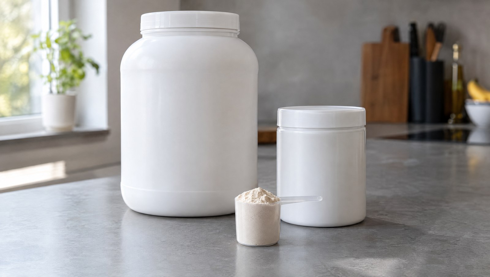 Proteinpulver-Test: große und kleine Proteindose nebeneinander, davor ein gefüllter Messlöffel auf der Küchenarbeitsplatte