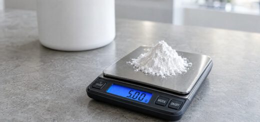 Fünf Gramm Kreatinpulver auf einer digitalen Feinwaage, im Hintergrund die Kreatindose