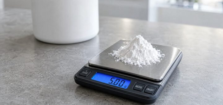 Fünf Gramm Kreatinpulver auf einer digitalen Feinwaage, im Hintergrund die Kreatindose