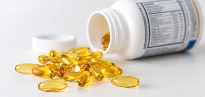 Goldgelbe Omega-3-Fischölkapseln vor einer umgekippten Dose mit Nährwerttabelle auf dem Etikett