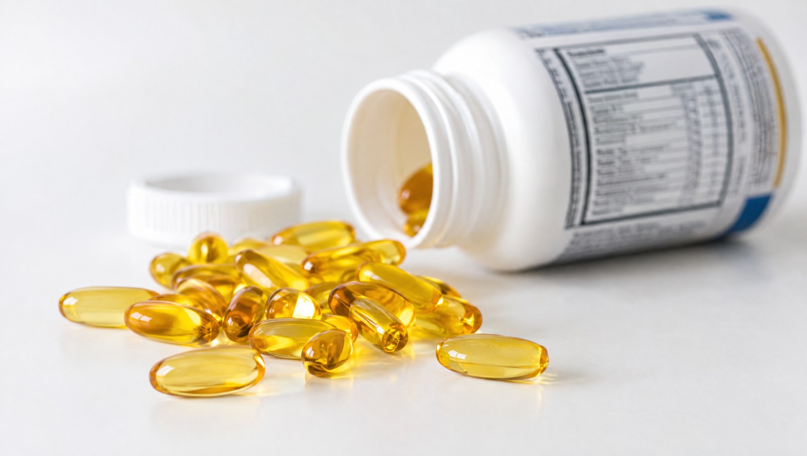 Goldgelbe Omega-3-Fischölkapseln vor einer umgekippten Dose mit Nährwerttabelle auf dem Etikett