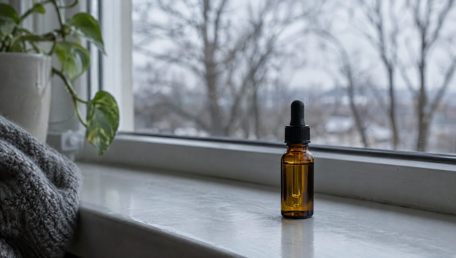 Vitamin-D-Tropfen in einer braunen Pipettenflasche auf der Fensterbank, draußen kahle Bäume im Winterlicht