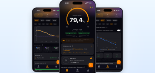 BodyLytics auf drei iPhones: Gewichtstrend über ein Jahr, Ziel-Tacho mit bereinigtem Gewicht und Körperfett-Verlauf
