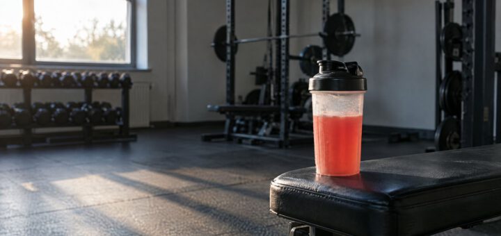Shaker mit rotem Pre-Workout-Booster auf einer Hantelbank im Studio, dahinter Kurzhantelablage und Power Rack