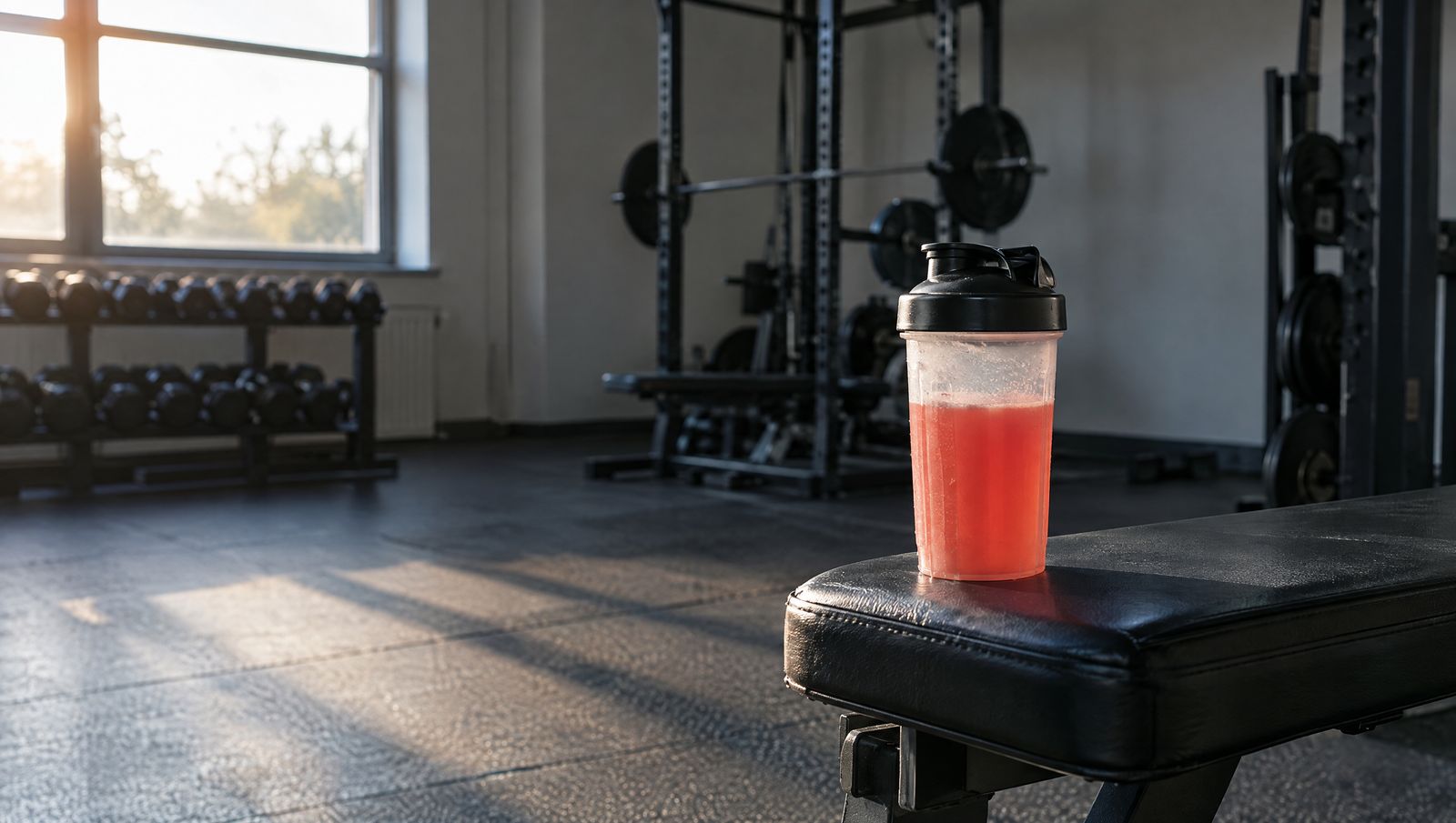 Shaker mit rotem Pre-Workout-Booster auf einer Hantelbank im Studio, dahinter Kurzhantelablage und Power Rack