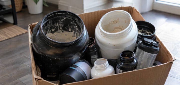 Karton mit aussortierten Supplements: angebrochene Proteindosen, Kapselflaschen und ein Shaker