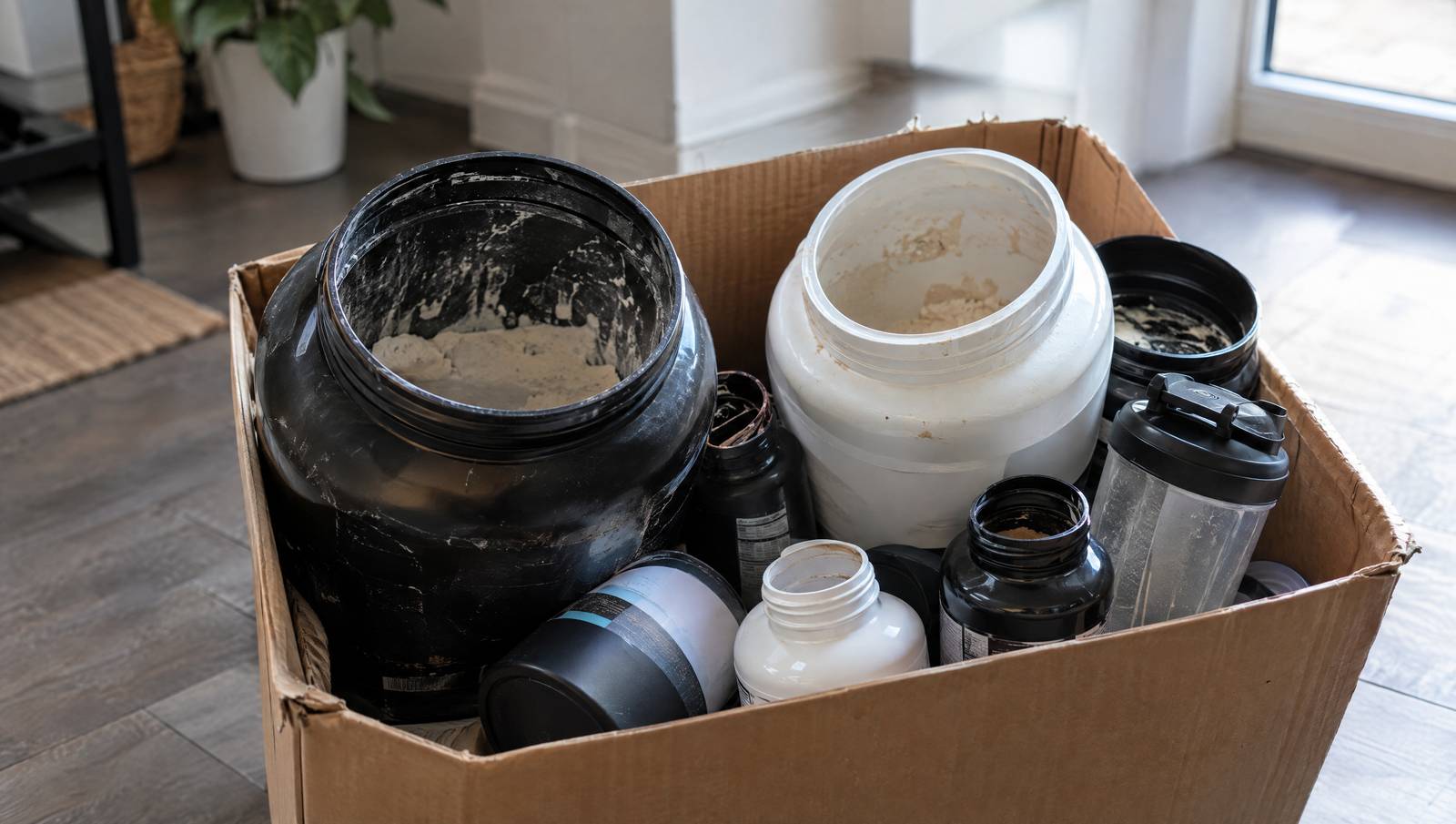 Karton mit aussortierten Supplements: angebrochene Proteindosen, Kapselflaschen und ein Shaker