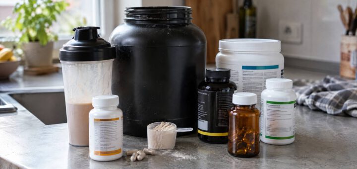 Supplements im Test: Proteindose, Shaker mit Eiweißshake, Messlöffel und mehrere Kapseldosen auf der Küchenarbeitsplatte