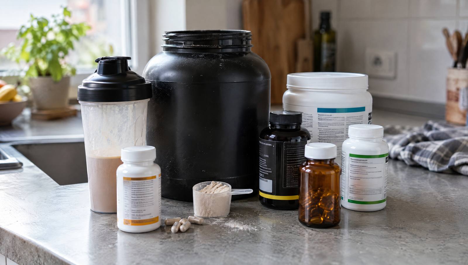 Supplements im Test: Proteindose, Shaker mit Eiweißshake, Messlöffel und mehrere Kapseldosen auf der Küchenarbeitsplatte