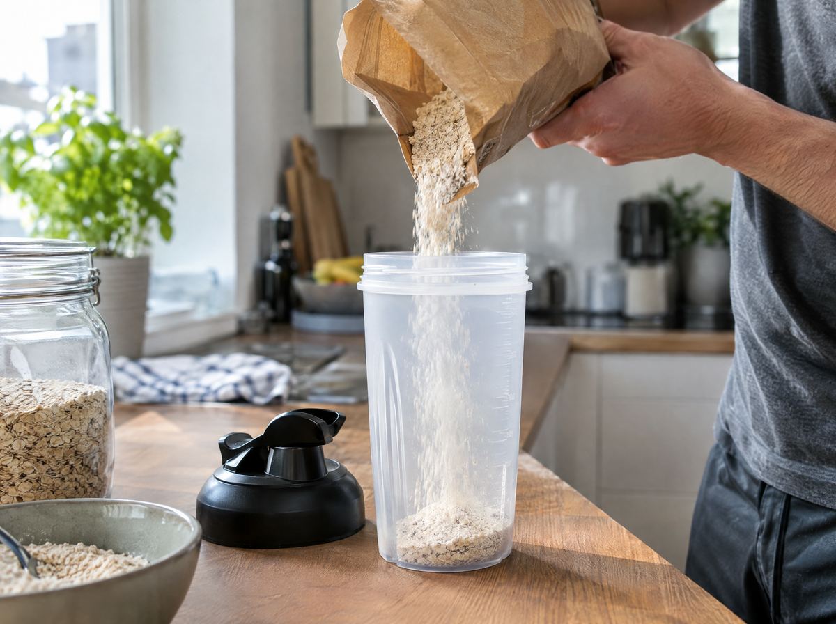 Fein gemahlene Haferflocken rieseln aus einer Papiertüte in einen Shaker, daneben ein Vorratsglas und eine Schale mit Flocken
