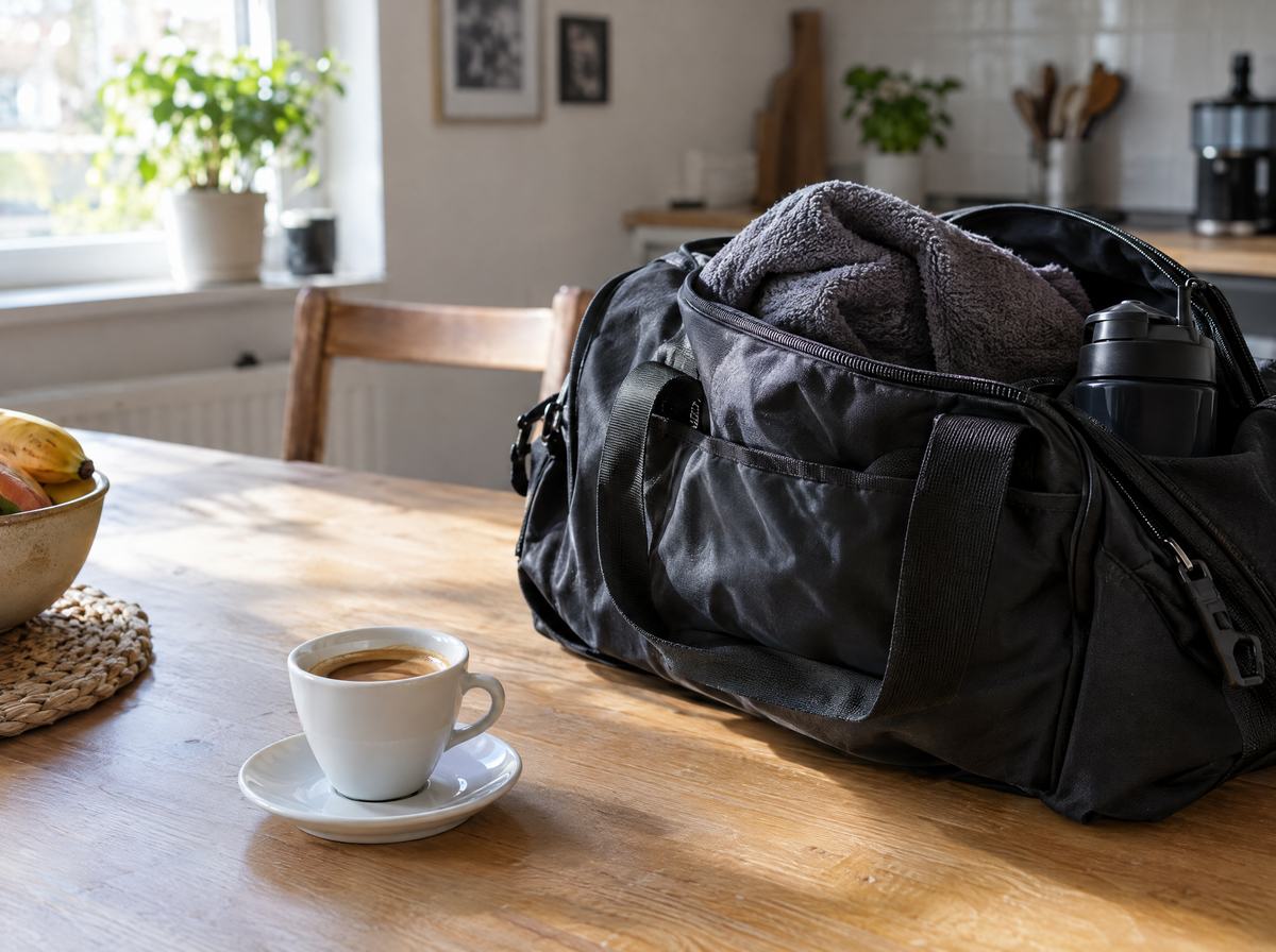 Espresso neben der gepackten Sporttasche mit Handtuch und Shaker auf dem Küchentisch