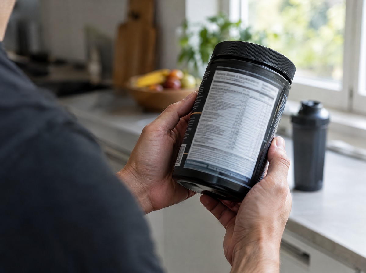 Mann liest die Nährwerttabelle auf der Rückseite einer Supplement-Dose, im Hintergrund ein Shaker auf der Küchenzeile