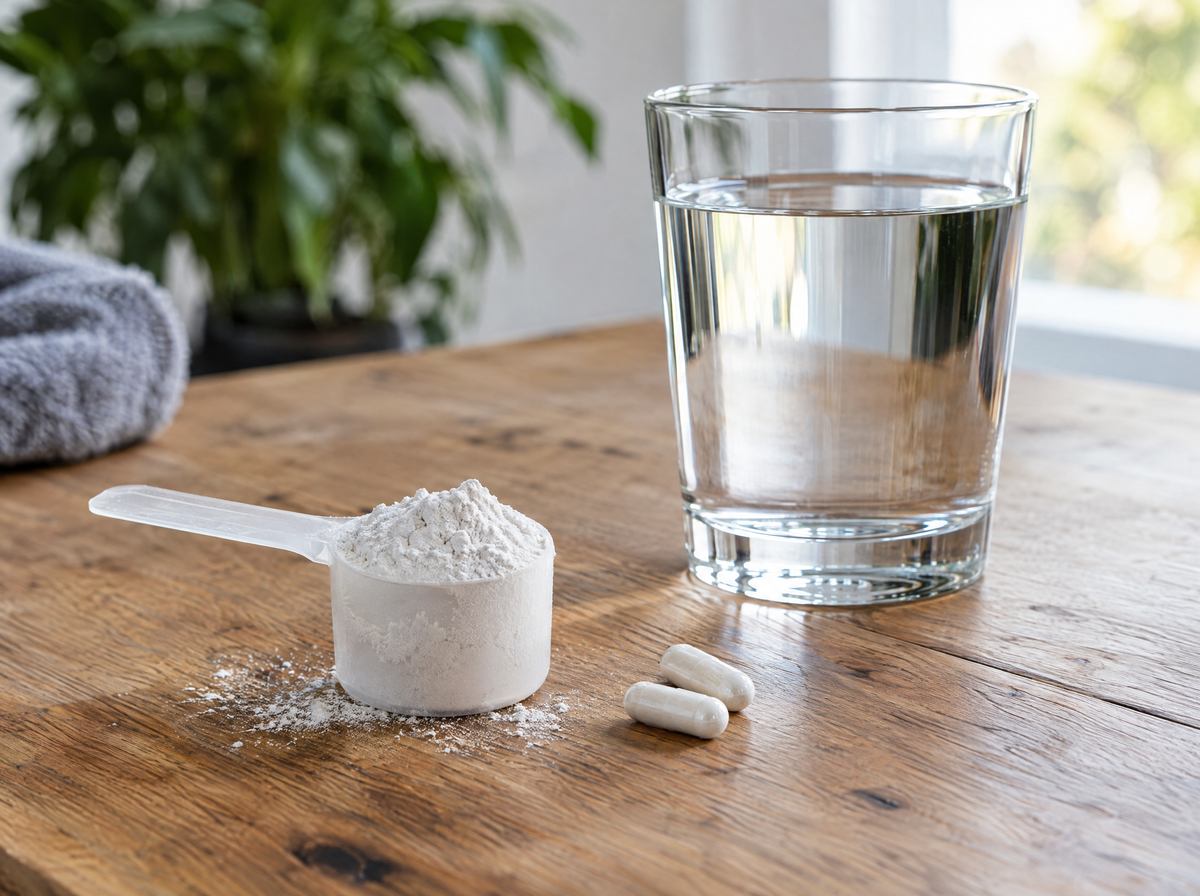 Tagesportion auf dem Holztisch: Messlöffel mit weißem Pulver, zwei Kapseln und ein Glas Wasser