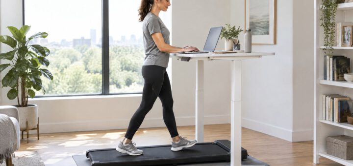 Frau geht am Steh-Schreibtisch auf einem flachen Walking Pad und tippt am Laptop, darunter eine graue Schutzmatte
