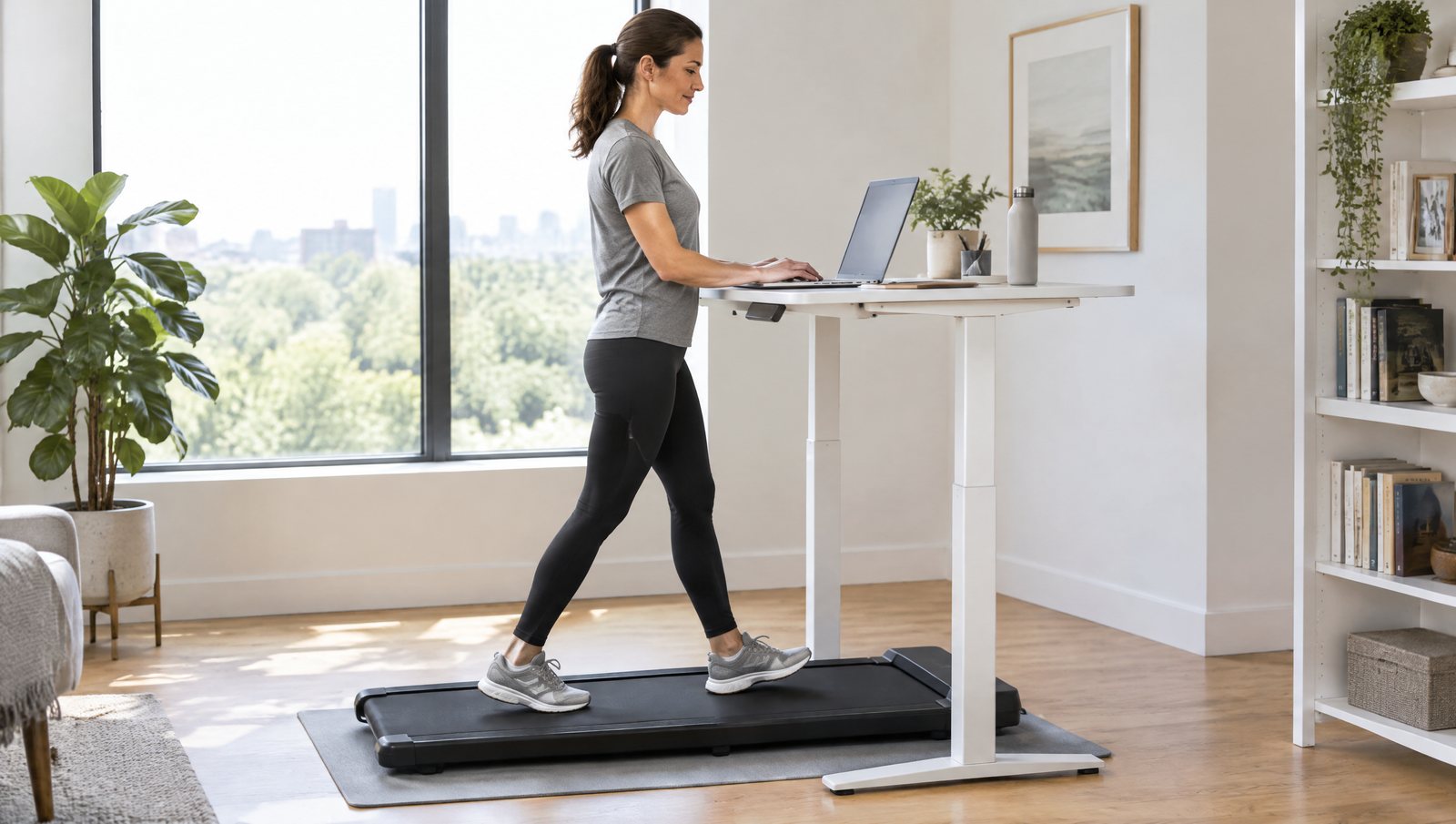 Frau geht am Steh-Schreibtisch auf einem flachen Walking Pad und tippt am Laptop, darunter eine graue Schutzmatte