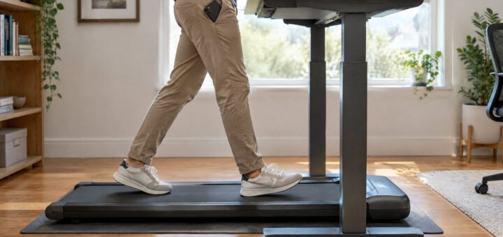 Füße in Laufschuhen auf einem flachen Walking Pad unter dem Steh-Schreibtisch, das Handy steckt in der Hosentasche